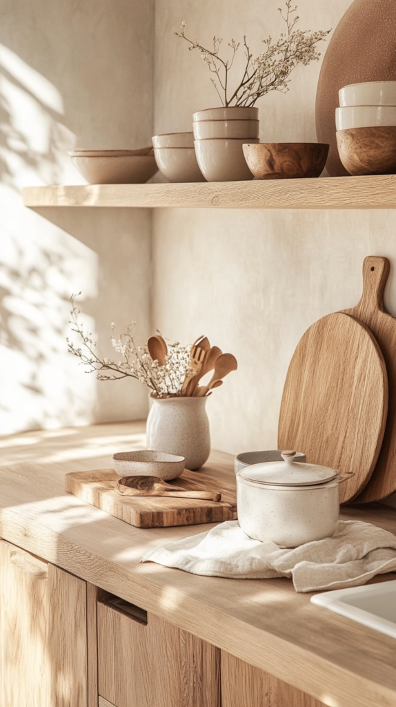  Japandi tiny kitchen with natural materials, soft lighting, and a clean layout.