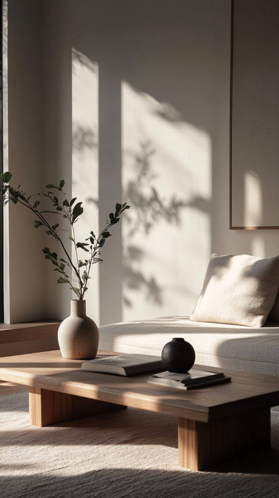 Spacious and minimal Japandi layout with plenty of negative space.
