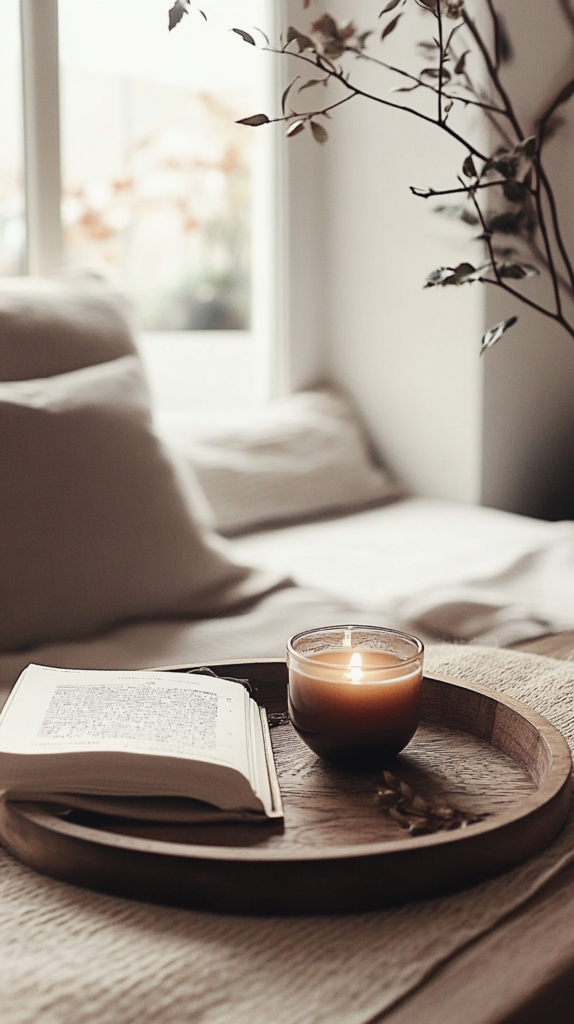 Cozy Japandi moment with candle, tea, and stillness in a minimalist space.
