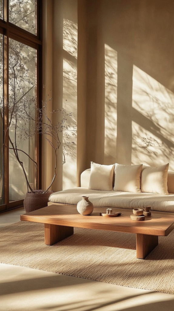 Calm and minimalist Japandi living room with soft textures and light wood elements.