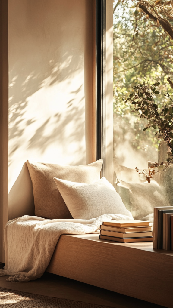 Minimalist window reading nook with built-in bench, cozy cushions, and soft natural light.