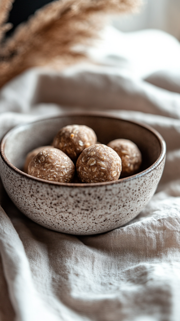 Homemade peanut butter oat energy bites in a cozy bowl.