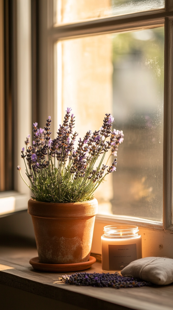 Lavender in a pot with dried bundles and cozy apothecary-inspired details.Lavender in a pot with dried bundles and cozy apothecary-inspired details.