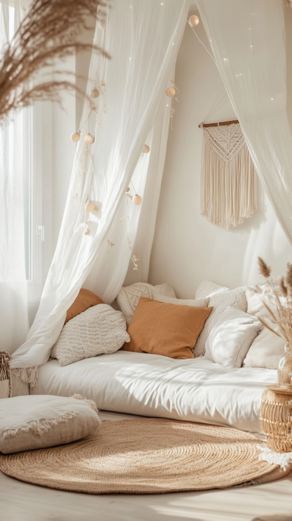 Bohemian reading nook with canopy, string lights, and floor pillows.
