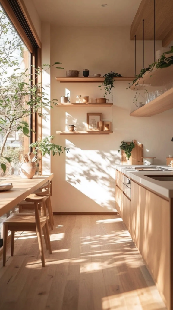 Serene minimalist kitchen with clear surfaces and soft cozy styling.