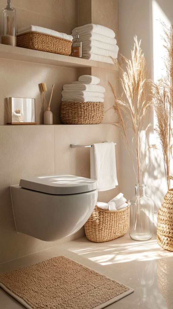 Small bathroom with vertical open shelves and cozy organization.