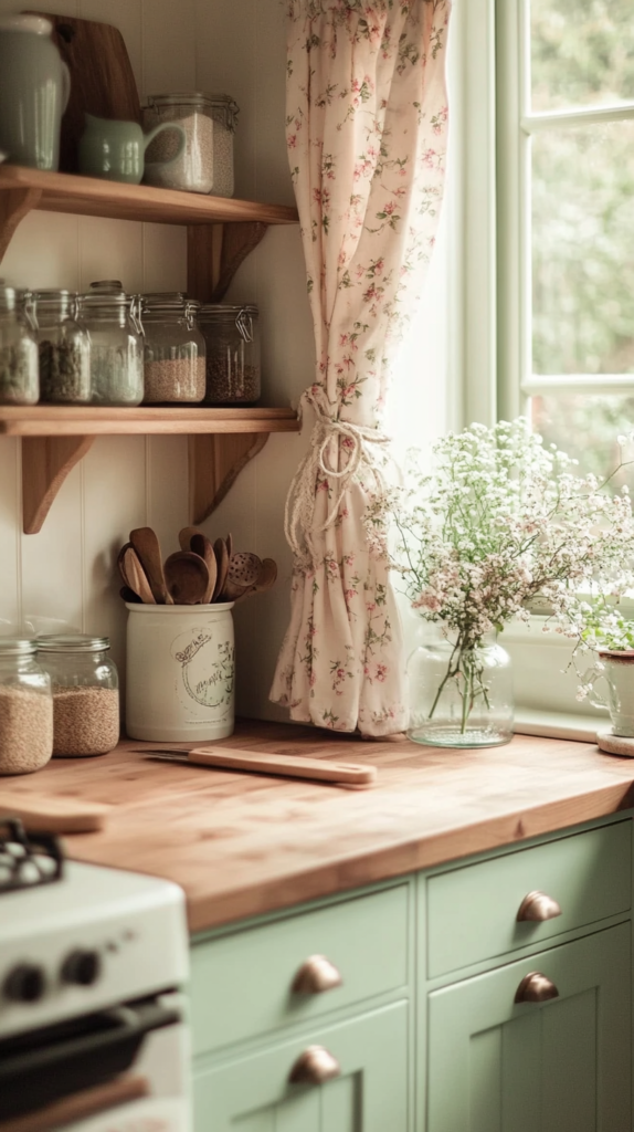  Small cottage-style kitchen with floral details, pastels, and vintage touches.