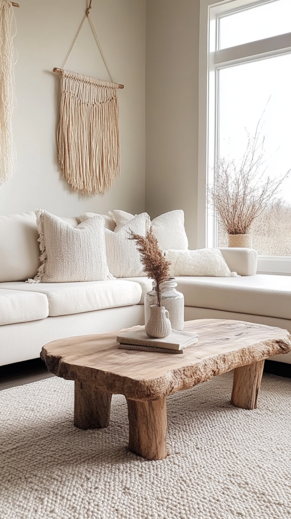 DIY fiber art wall hanging in neutral colors with a handcrafted, organic look.