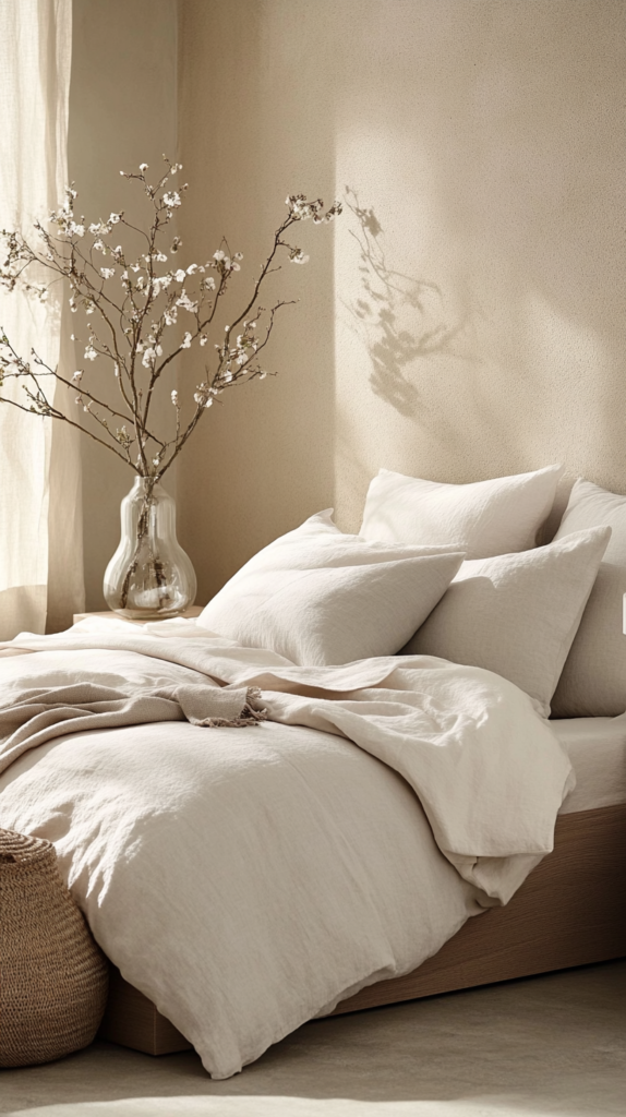 Bedroom with greige wall color, soft neutral tones, and warm natural materials.