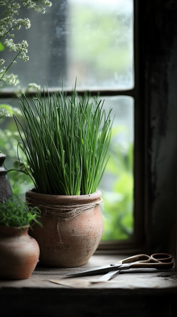 Chives growing in a pot with rustic garden styling and soft morning light.