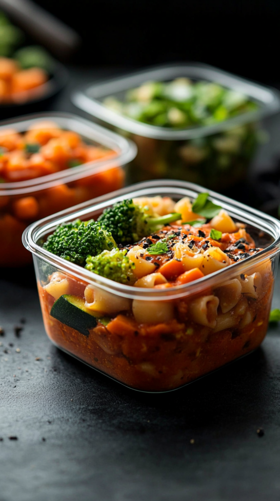 Four containers of one-pot pasta with vegetables in a creamy red sauce.