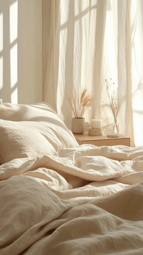 Minimalist bedroom with natural linen bedding in warm earthy tones.