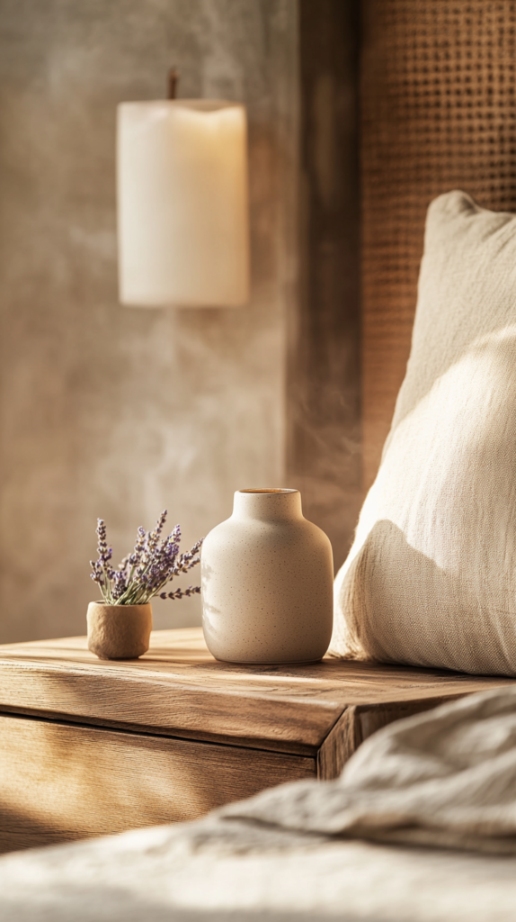 Bedside detail with diffuser, candle and lavender – calming scent styling in a cozy bedroom.