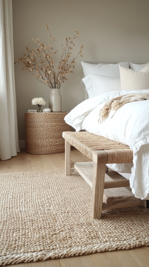Natural bedroom styling with woven baskets and rattan storage elements.