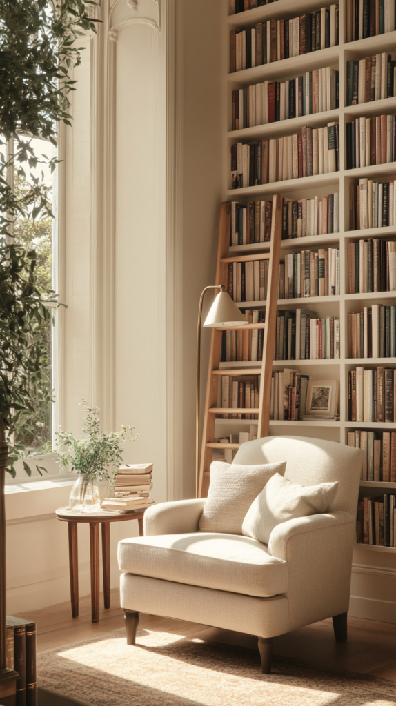 Reading nook with a full book wall, cozy chair, and warm vintage vibes.