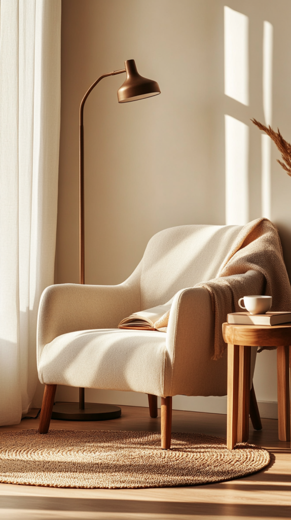 Cozy reading nook with soft armchair, floor lamp and warm neutral styling.
