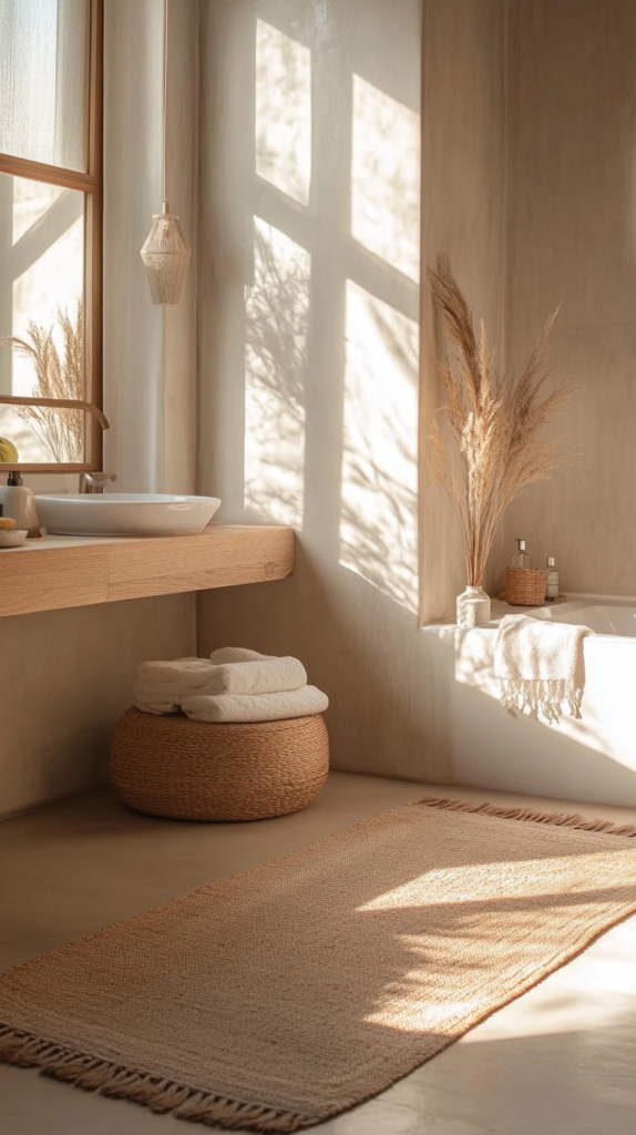 : Small cozy bathroom with soft lighting and modern mirror.