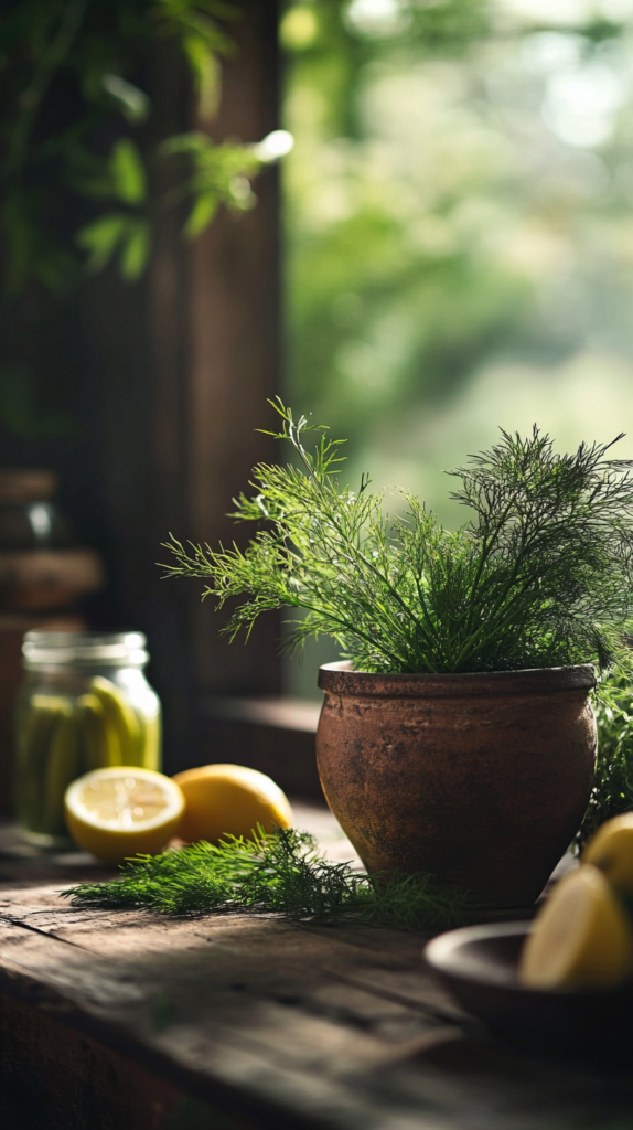 : Fresh dill in a garden setting with soft light and cozy culinary tools.