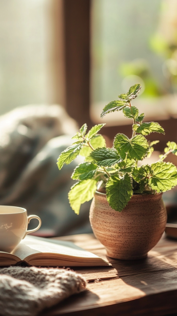 : Lemon balm in a cozy window setting with tea and calming home details.