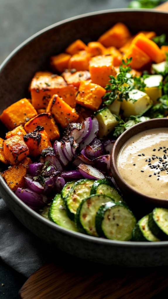 Sheet pan with roasted vegetables and tahini sauce, ready for flexible meal prep.