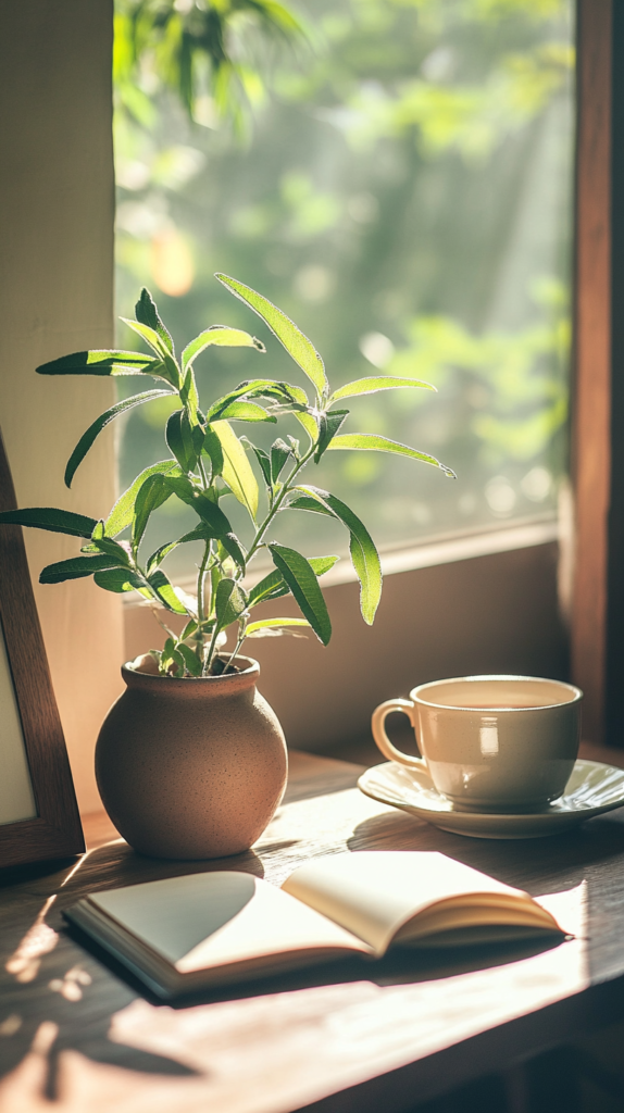 Lemon verbena on a sunny table, surrounded by tea and cozy writing tools.