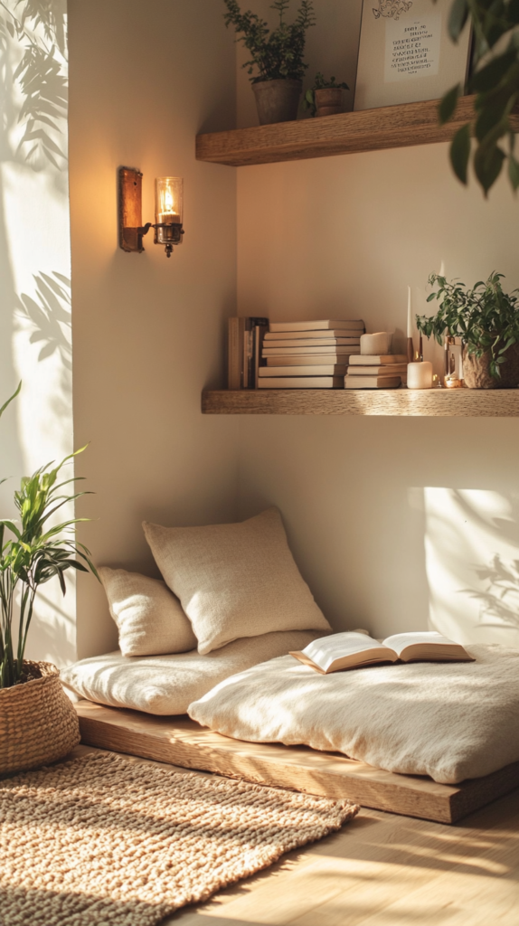 Small space reading nook on the floor with soft cushions and cozy lighting.