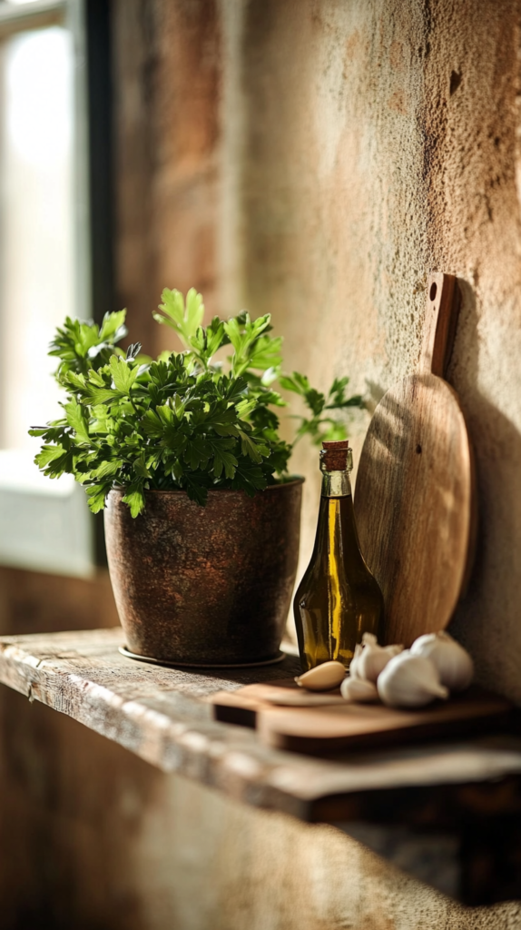 Parsley plant growing in a sunny kitchen space with herbs and cooking tools.