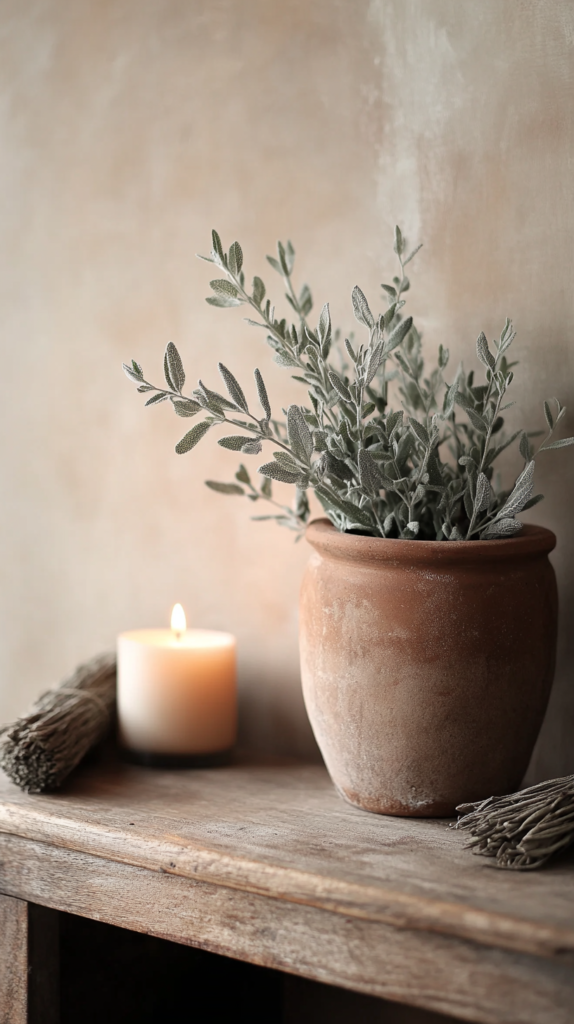 Sage plant in a rustic setting with herbal bundles and cozy apothecary style.
