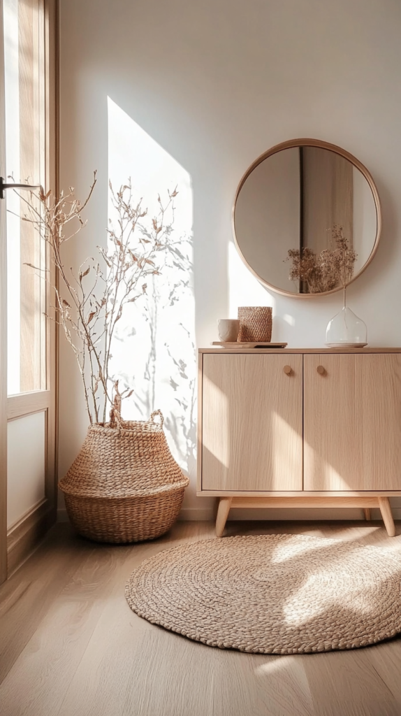 Clutter-free hallway with calm neutral tones and minimalist storage.