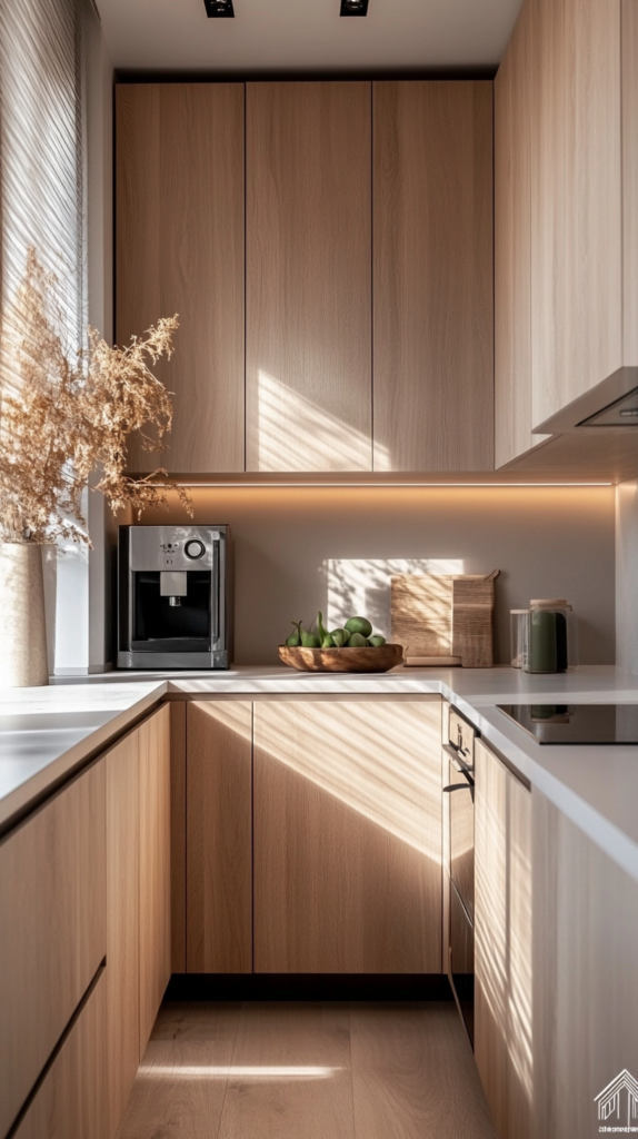 Minimalist tiny kitchen with wood cabinets and modern hidden layout.