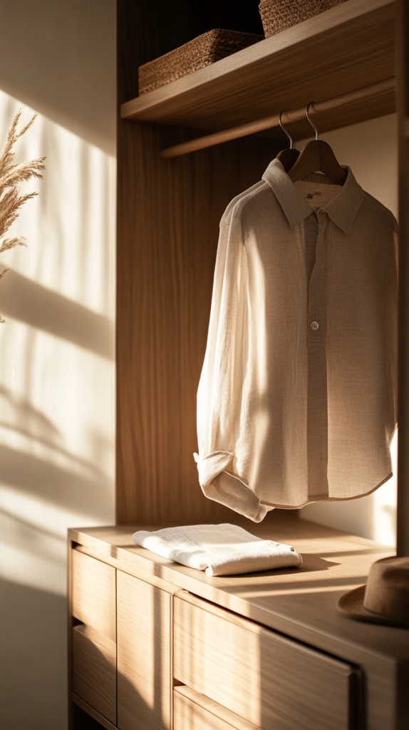 Simplified closet space with clean layout and light neutral tones.