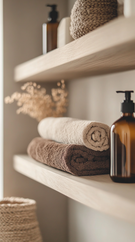 Cozy bathroom with open shelving and minimalist warm styling.