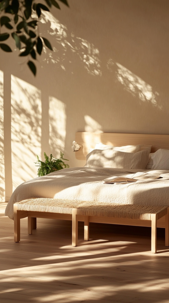 Bedroom with light natural wood furniture and calming neutral details.