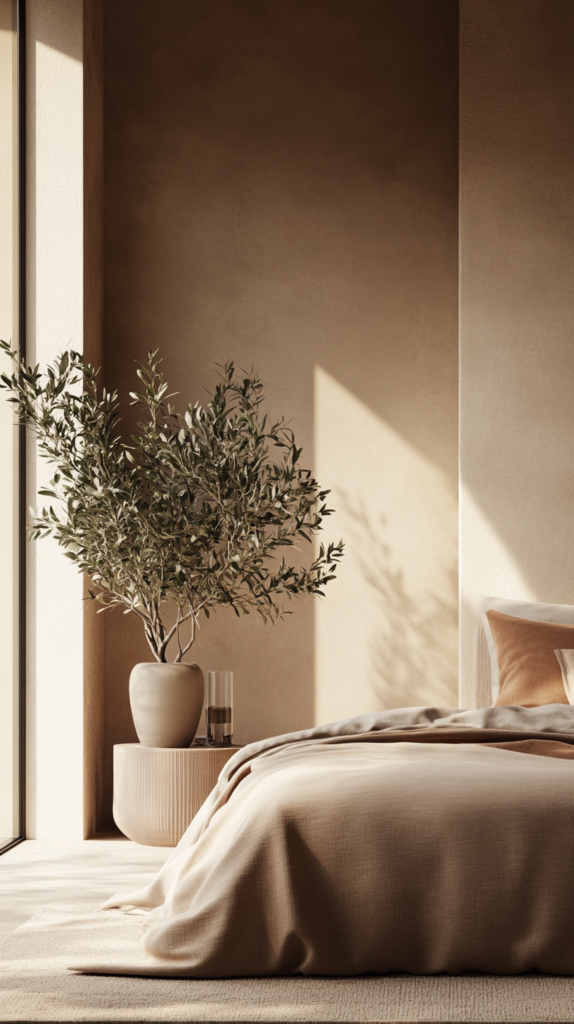Bedroom with soft natural colors and greenery from plants like olive tree and eucalyptus.
