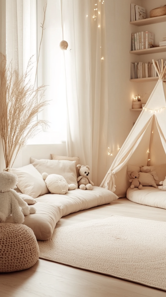 Children’s reading corner with cozy cushions, books, and a soft tent.