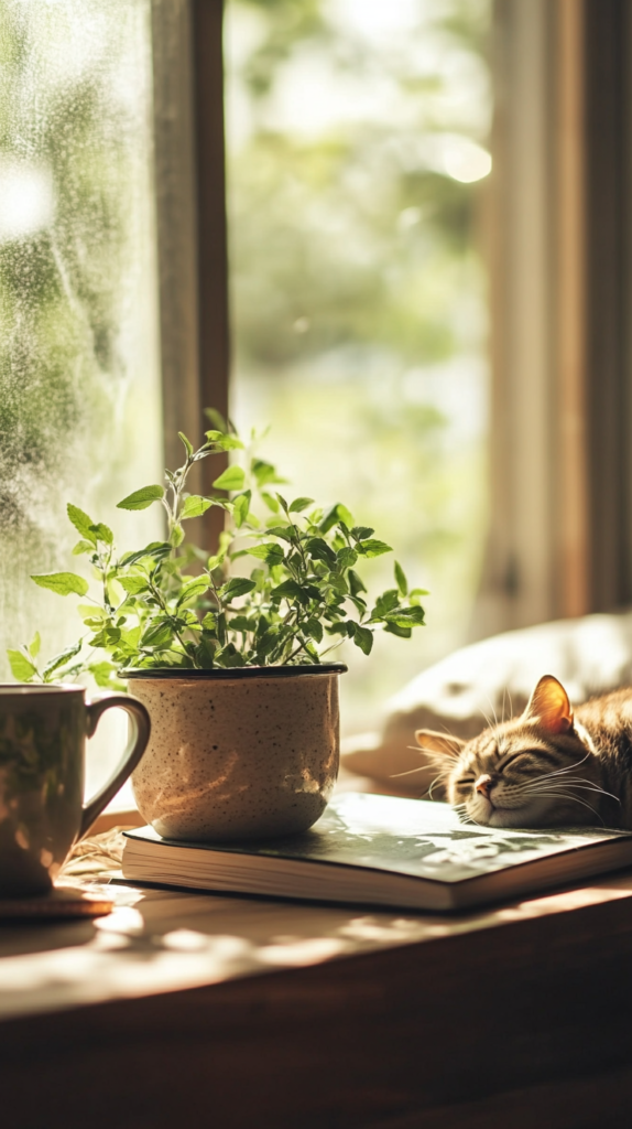 Catnip in a sunny window, styled with books and tea in a playful, cozy scene.