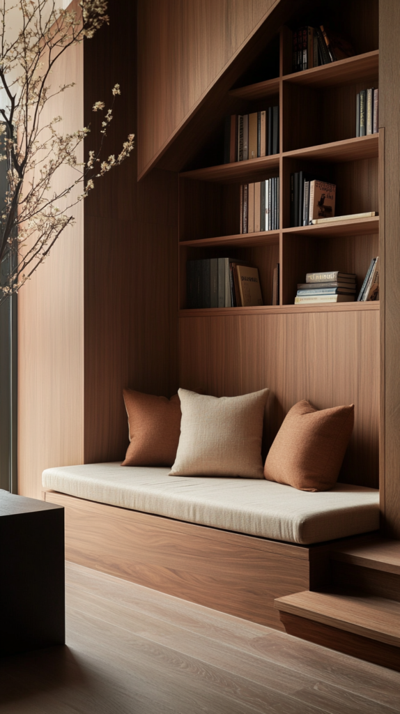 Reading nook built into stair space with bench seating and wall shelves.