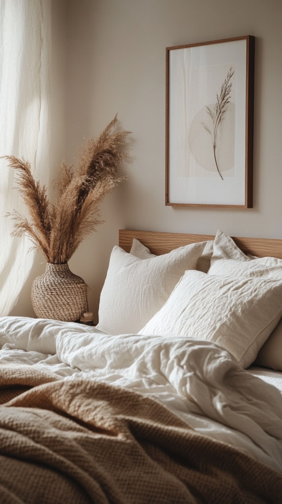 Neutral bedroom wall styling with soft art prints, organic shapes, and natural decor.