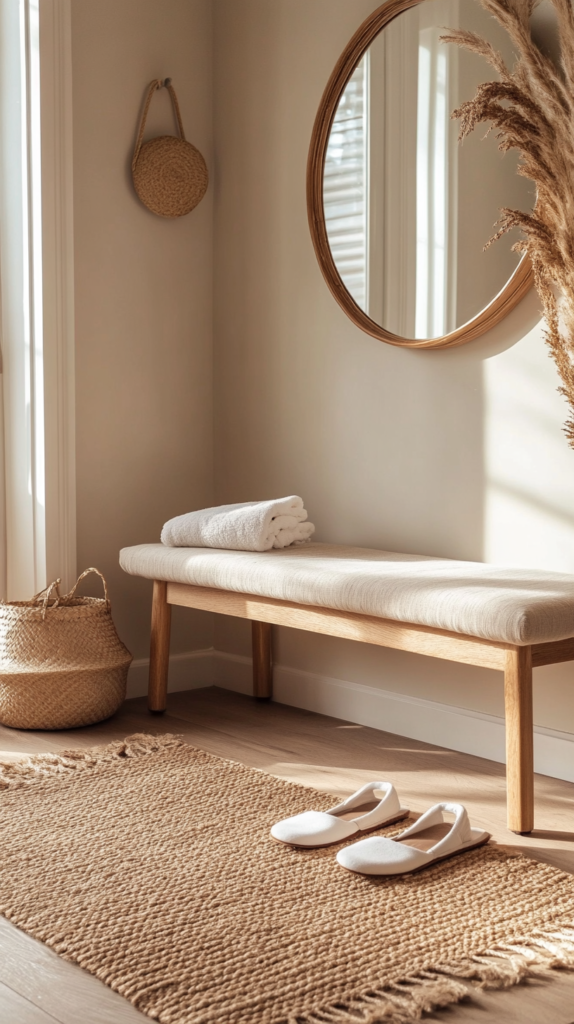 DIY fabric-covered bench made from IKEA base with cozy minimalist styling.