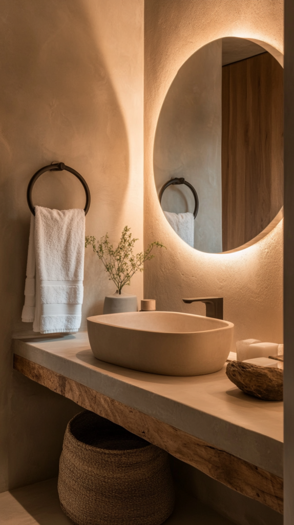 Modern cozy bathroom with round mirror, mood lighting and warm tones.