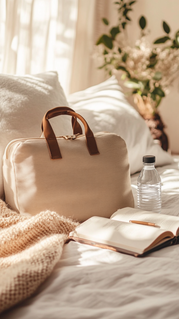Minimal weekend bag with just a few cozy essentials on a soft bed.