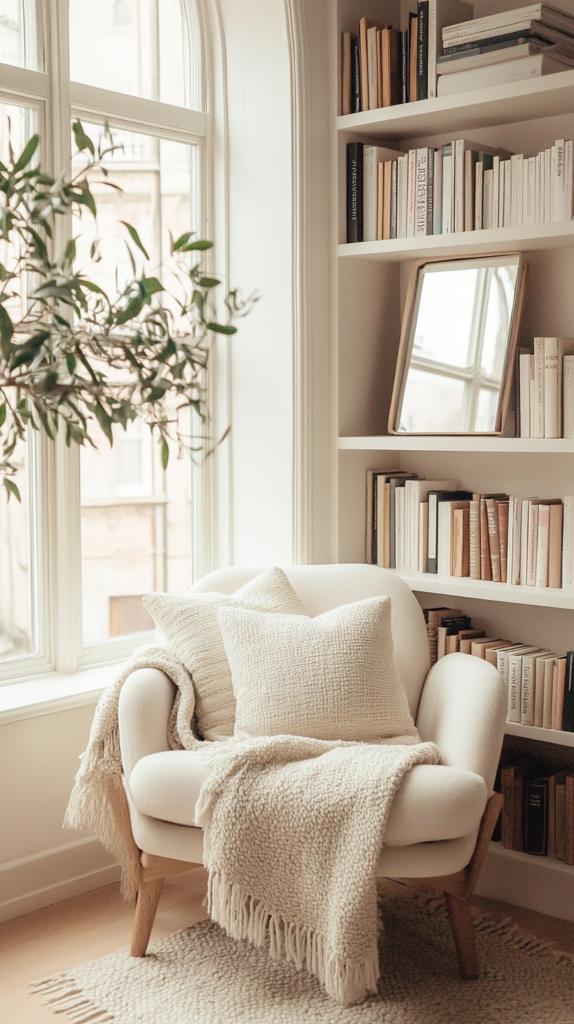 Cozy book nook with mirror accent and soft neutral styling.