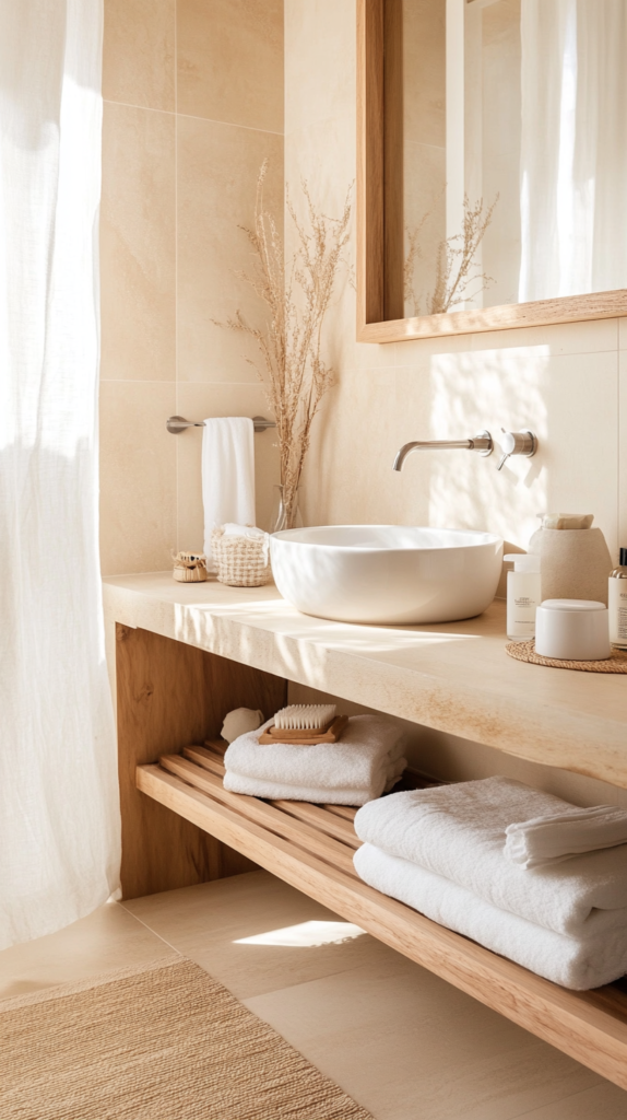 Bathroom with natural wood accents and light cozy styling.