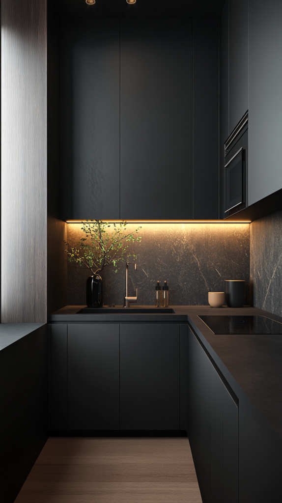 Dark minimalist kitchen with black cabinetry and golden accents in a compact layout.