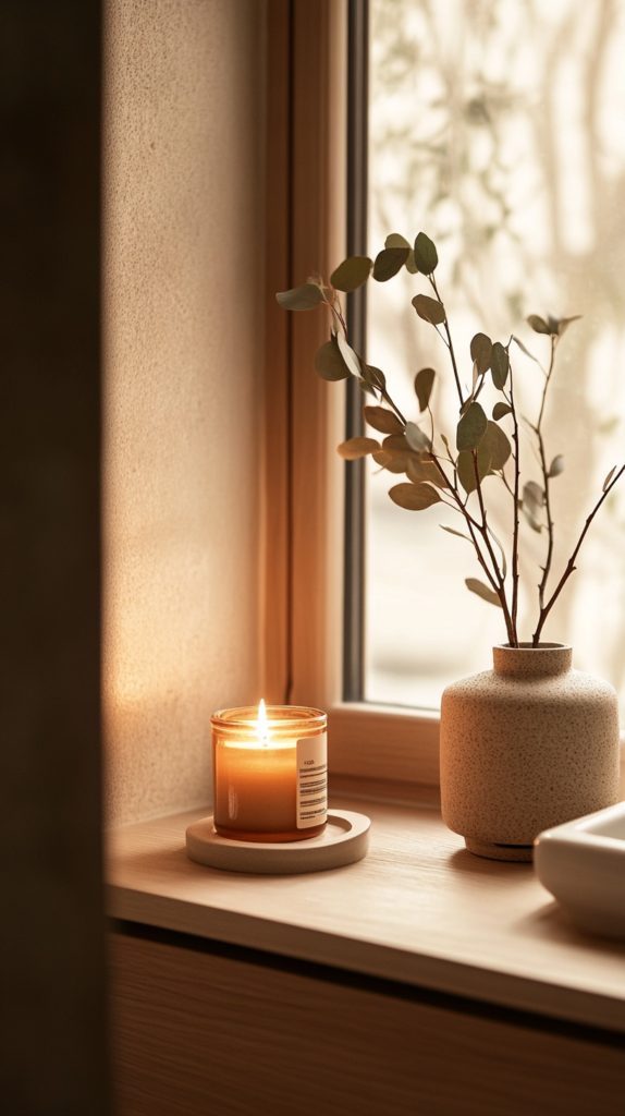 Small bathroom styled with calming scents and natural light for spa atmosphere.