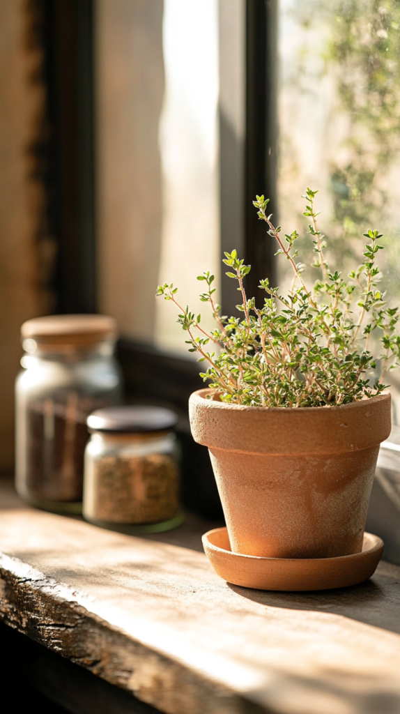 Fragrant thyme plant in a sunny window, styled with cozy apothecary accents.