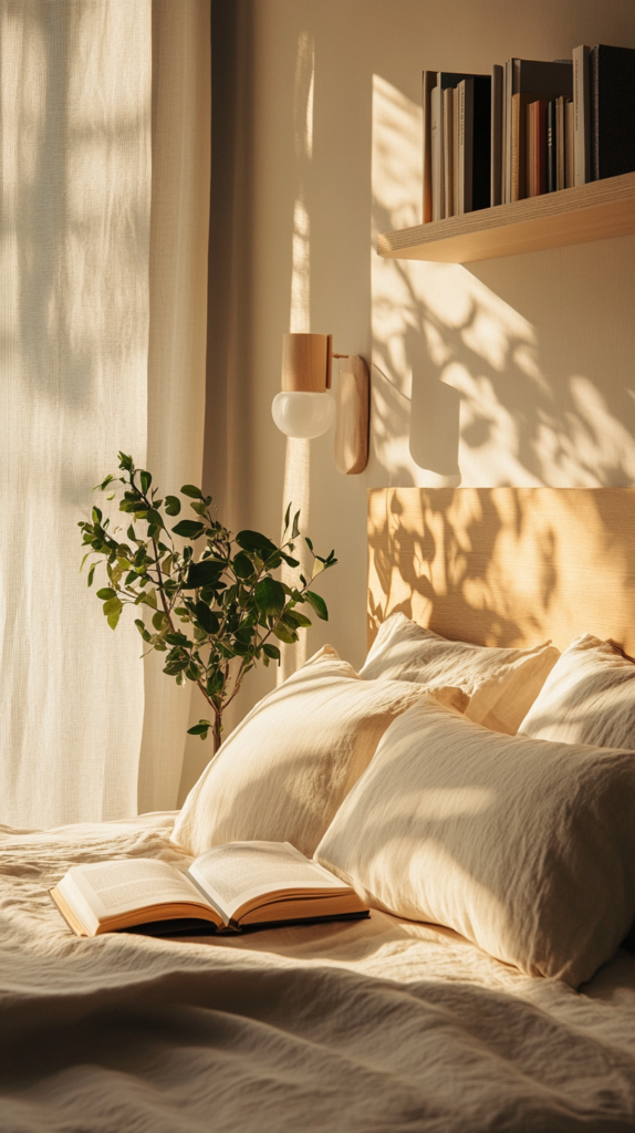 Cozy reading corner by the bed with soft light, books and natural tones.