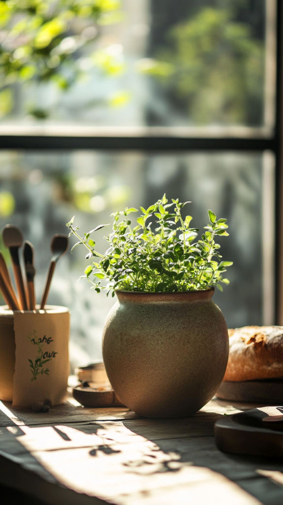 Marjoram plant styled with cozy kitchen and herb tea accents.