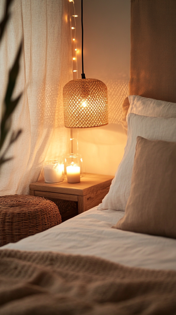 Neutral-toned bedroom with layered lighting: bedside lamp, pendant light, and string lights for a cozy feel.