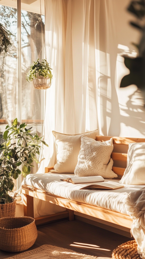 Reading space in a bright conservatory with natural tones and cozy textiles.